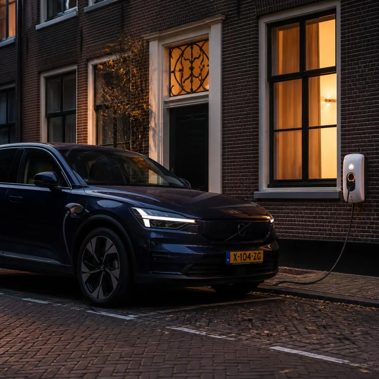 Elektrische auto die 's avonds oplaadt aan een witte wandlader bij een Nederlandse woning