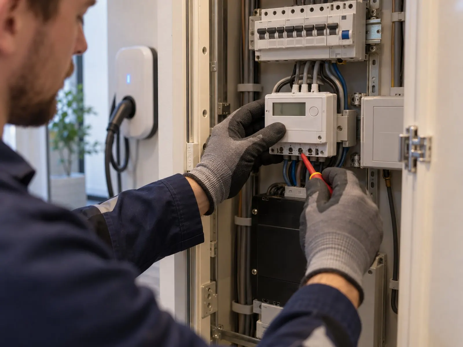 Gecertificeerde installateur plaatst een MID-meter in de meterkast naast een wandlader