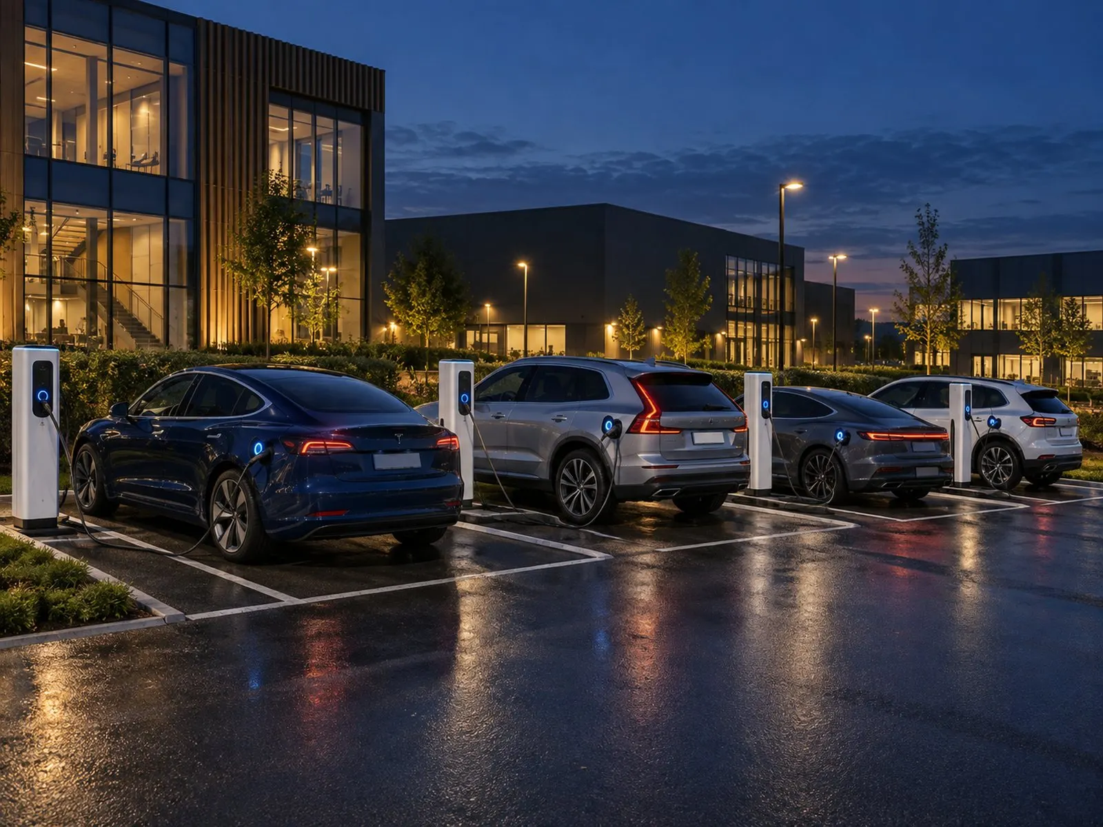 Rij laadpunten met ladende elektrische auto's op een bedrijventerrein in de schemering